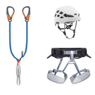 PETZL KIT VIA FERRATA EASHOOK Kit da via ferrata composto da un cordino SCORPIO EASHOOK, un’imbracatura CORAX e un casco BOREO