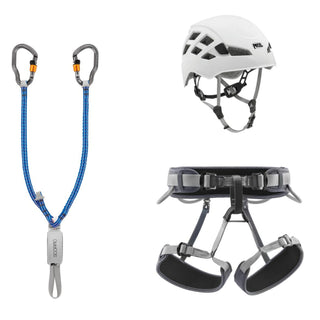 PETZL Kit da via ferrata composto da un cordino SCORPIO VERTIGO, un’imbracatura CORAX e un casco BOREO - Disponibile in 2 misure