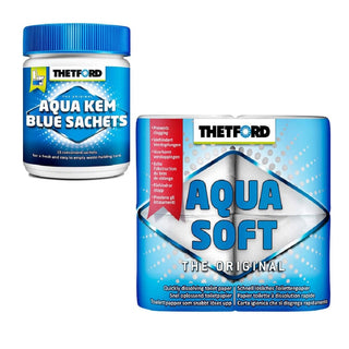 PROMOZIONE AQUA KEM BLUE SACHETS DISGREGANTE IN BUSTINE + AQUA SOFT CARTA IGIENICA 4 ROTOLI A RAPIDA DISSOLVENZA