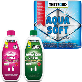 PROMO THETFORD AQUA RINSE + AQUA KEM GREEN + CARTA IGIENICA 4 ROTOLI AQUA SOFT