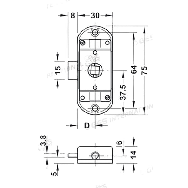 Serratura ad aste rotanti destra con entrata 15 mm - Dimensioni 75 x 30 x 10 mm.