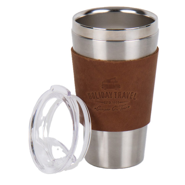 HOLIDAY TRAVEL Tazza sottovuoto in acciaio inox da 450ml con polsino in finta pelle