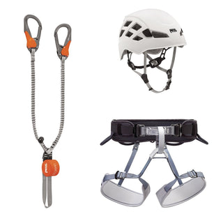 PETZL KIT VIA FERRATA EASHOOK NUOVO MODELLO 2025 cordino SCORPIO EASHOOK, imbracatura CORAX e un casco BOREO