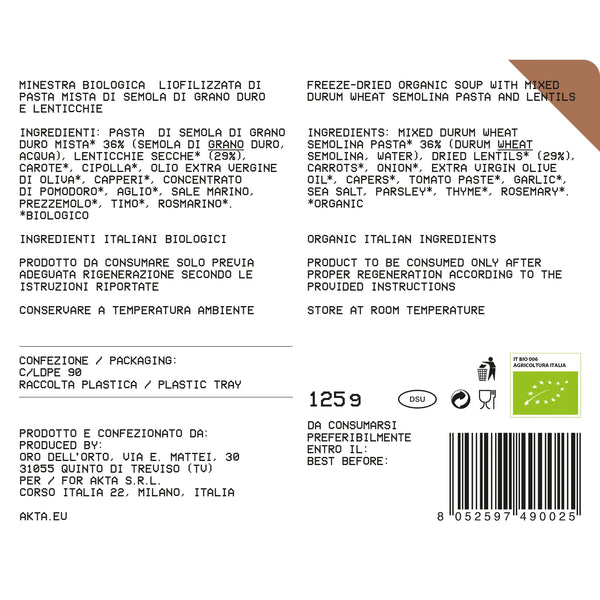 AKTA PASTA MISTA E LENTICCHIE - PASTO LIOFILIZZATO BIOLOGICO 551 kcal
