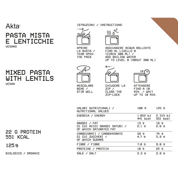 AKTA PASTA MISTA E LENTICCHIE - PASTO LIOFILIZZATO BIOLOGICO 551 kcal