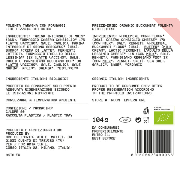 AKTA POLENTA TARAGNA CON FORMAGGI - PASTO LIOFILIZZATO BIOLOGICO 550 kcal